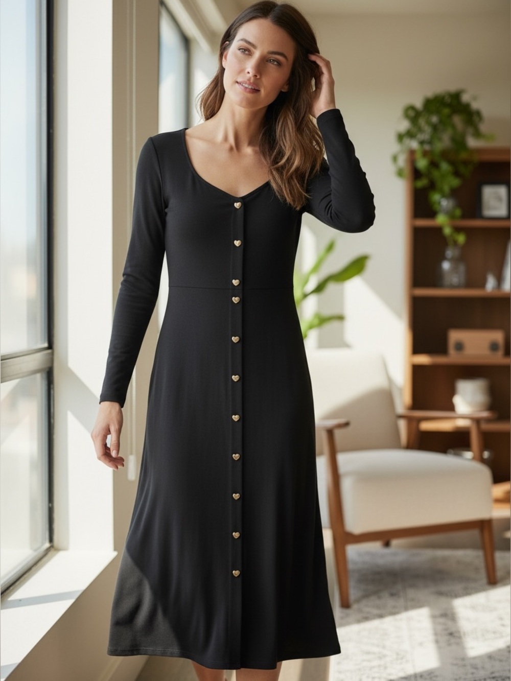 ✨NWT Lane Bryant Long Sleeve Black Dress With Gold Heart Buttons